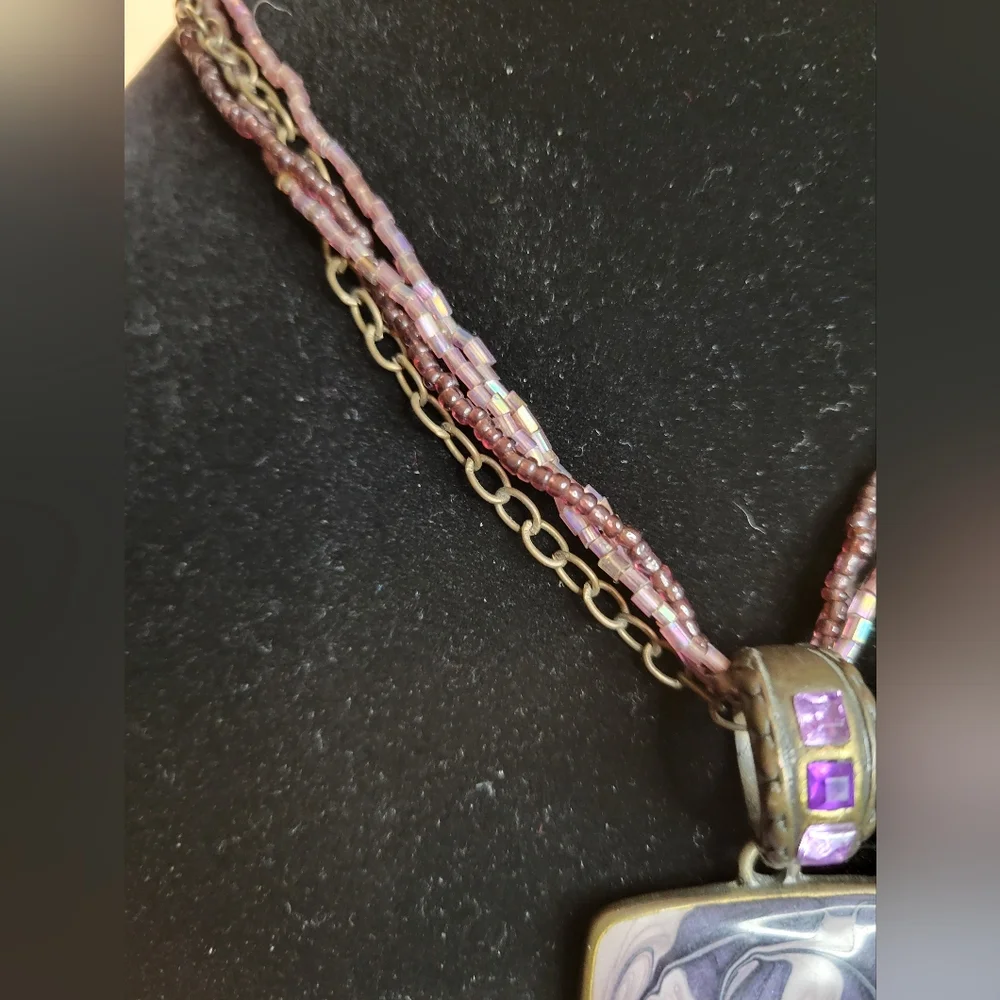 Vintage Purple & White Enamel Square Pendant Multi-strand Beaded Chain Necklace